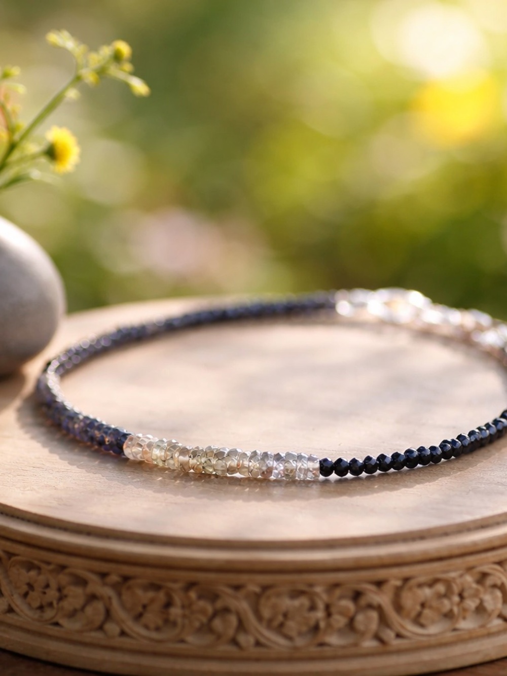 Natural Black Spinel, Green, Purple Sapphire Bracelet Handcrafted 14k White Gold